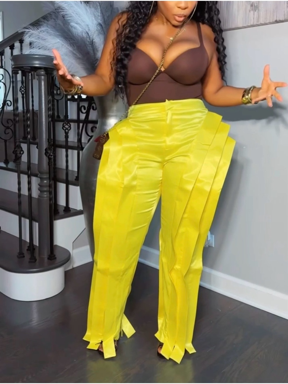 High-Waist Yellow Satin Wide-Leg Pants - Picture 3 of 8